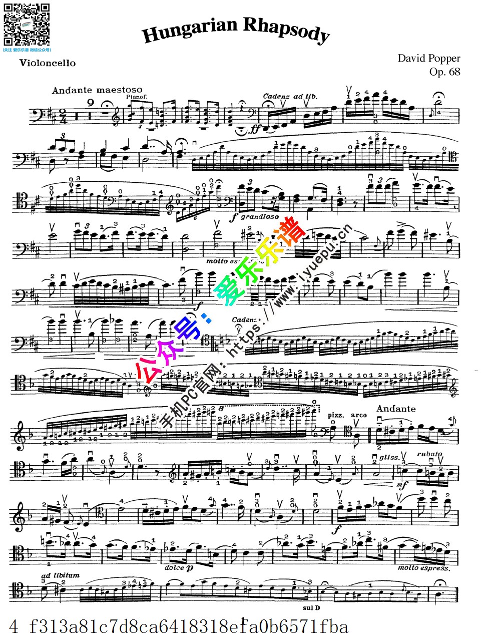 Popper 波帕尔 匈牙利舞曲 Hungarian Rhapsody Op68 大提琴谱 乐谱曲谱总谱分谱伴奏音乐在线预览试听下载