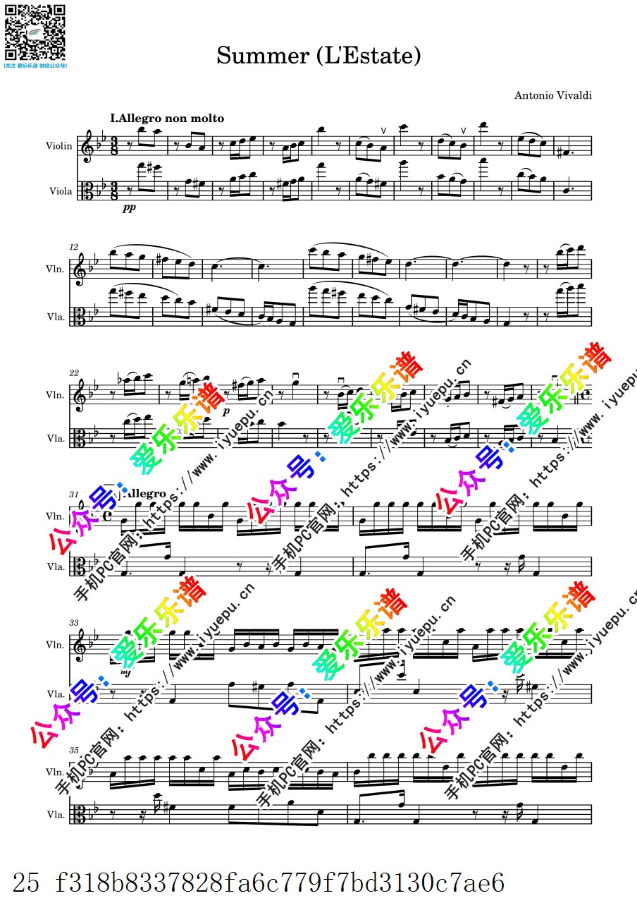 Vivaldi Summer RV315 OP.8 No.2 维瓦尔第 四季 夏 全三乐章 小提琴中提琴二重奏 官版-总谱和分谱 乐谱曲谱总谱分谱伴奏音乐在线预览试听下载