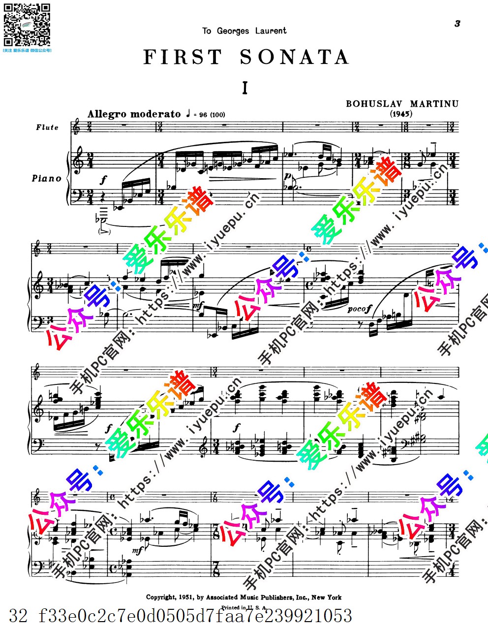 Martin Flute Sonata H.306 马尔蒂努 第一长笛奏鸣曲 长笛钢琴伴奏谱 乐谱曲谱总谱分谱伴奏音乐在线预览试听下载