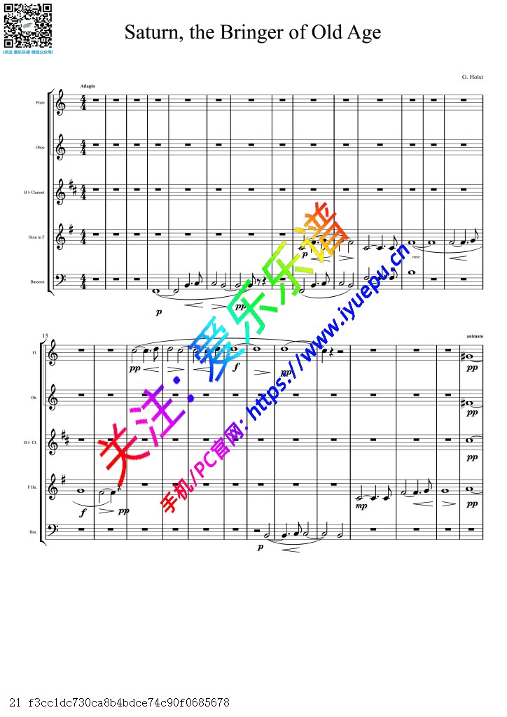 Holst 霍尔斯特 行星组曲-OP32-V 土星 Saturn, the Bringer of Old Age 木管五重奏 总谱分谱 乐谱曲谱总谱分谱伴奏音乐在线预览试听下载