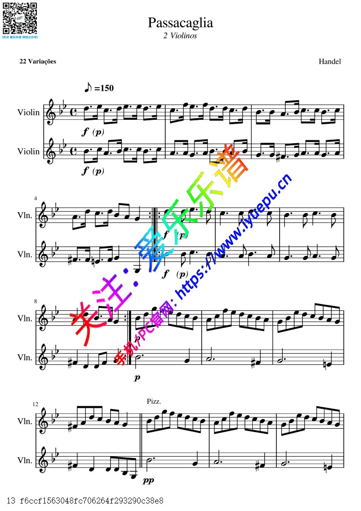 Handel 亨德尔 帕萨卡利亚 Passacaglia 双小提琴二重奏总谱与分谱 乐谱曲谱总谱分谱伴奏音乐在线预览试听下载