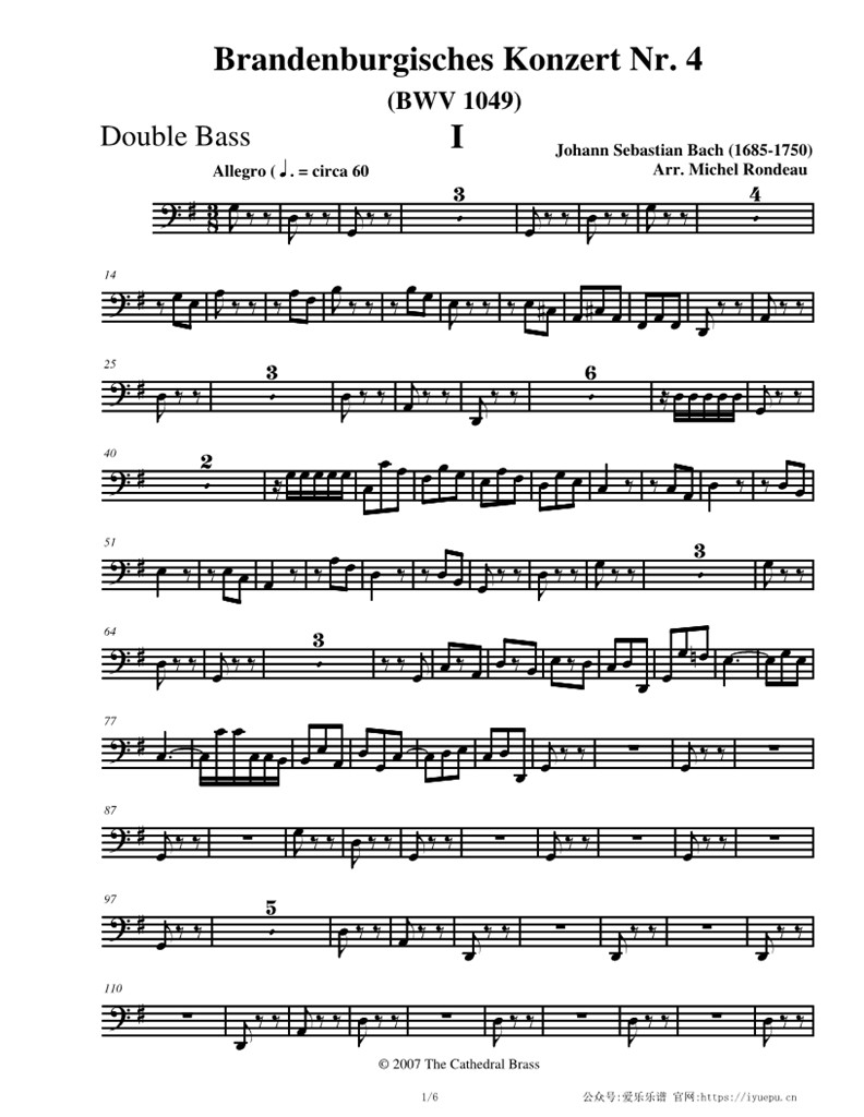 巴赫第四勃兰登堡协奏曲BWV1049 小提琴双长笛+弦乐五重奏竖琴伴奏低音提琴分谱 乐谱曲谱总谱分谱伴奏音乐在线预览试听下载