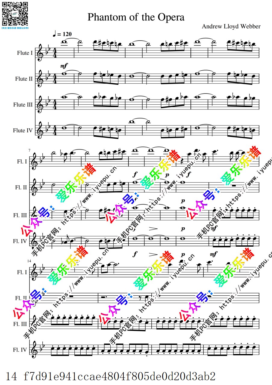 歌剧魅影主题曲 Phantom of the Opera 4长笛四重奏 总谱分谱 乐谱曲谱总谱分谱伴奏音乐在线预览试听下载