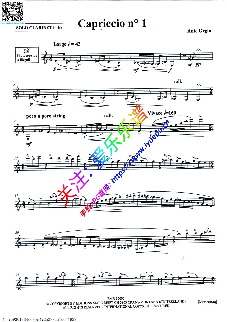 GRGIN 格尔金第一号随想曲 Capriccio no.1 for solo clarinet(EDITIONS REIFT)单簧管谱 乐谱曲谱总谱分谱伴奏音乐在线预览试听下载