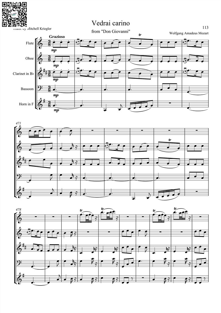 莫扎特 咏叹调vedrai carino 木管五重奏总谱 乐谱曲谱总谱分谱伴奏音乐在线预览试听下载