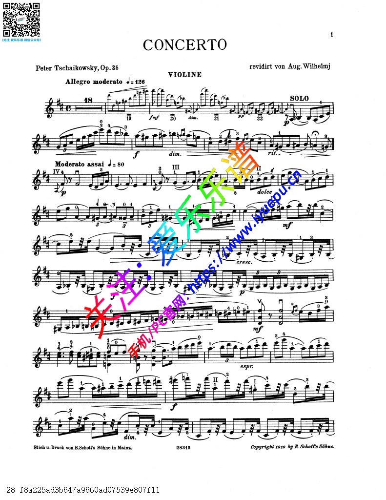 柴科夫斯基D大调小提琴协奏曲 Op35 小提琴谱 Wilhelmj 乐谱曲谱总谱分谱伴奏音乐在线预览试听下载