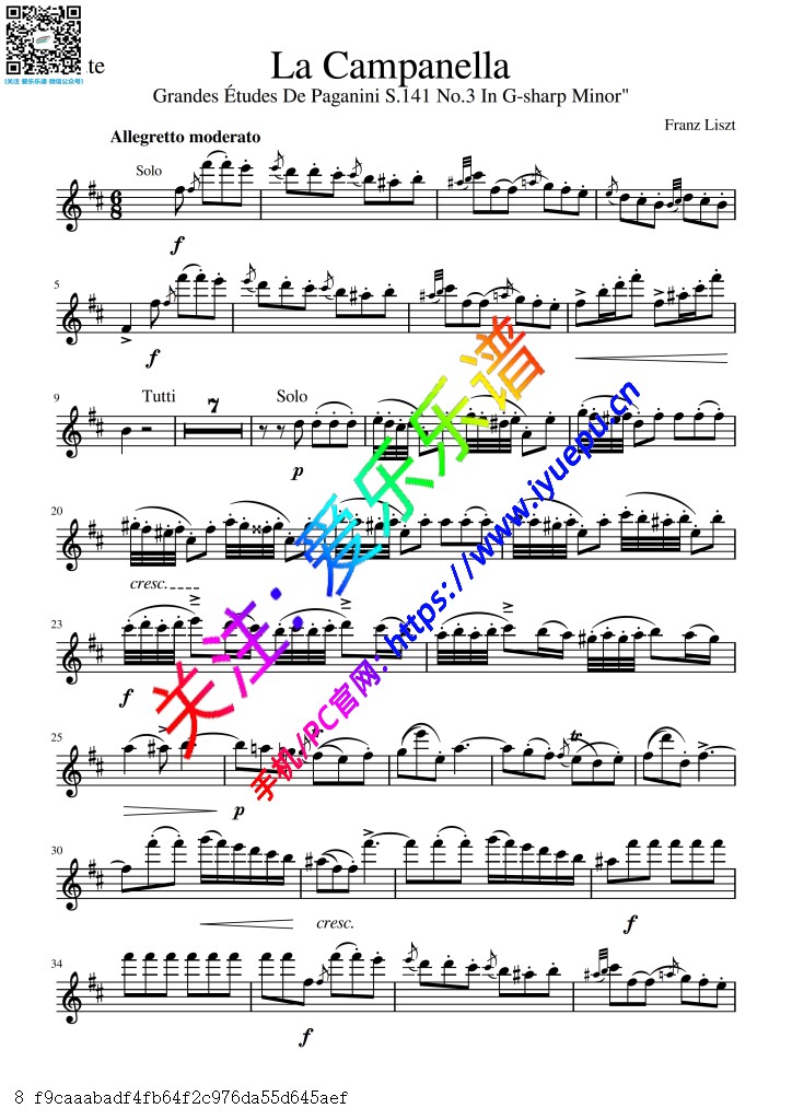 Liszt 李斯特帕格尼尼大练习曲第三首 钟 La Campanella S141-3 长笛谱 乐谱曲谱总谱分谱伴奏音乐在线预览试听下载