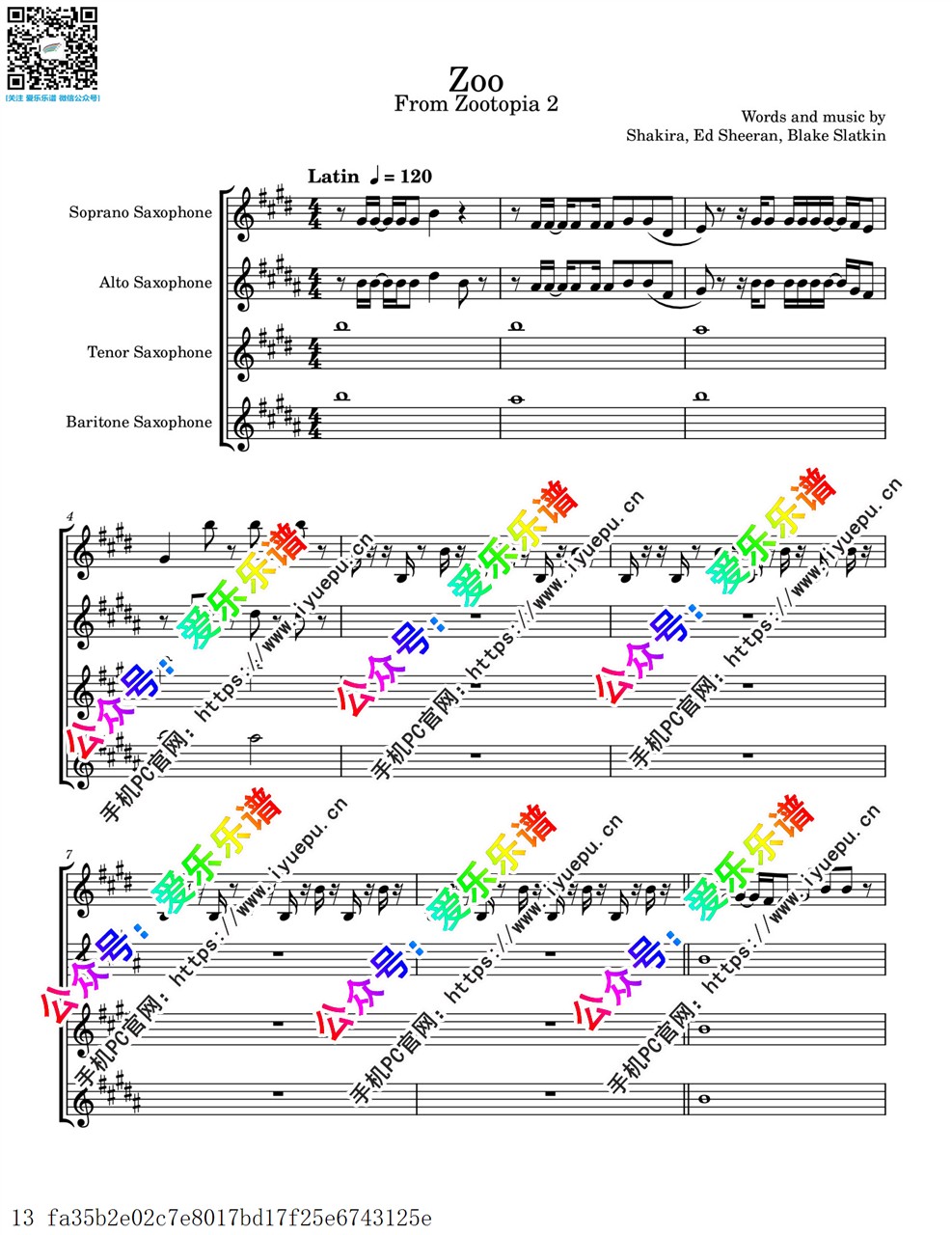 Shakira - Zoo from Zootopia 2 疯狂动物城2主题曲 动物乐园 SATB 4萨克斯四重奏 总谱分谱 官版 乐谱曲谱总谱分谱伴奏音乐在线预览试听下载