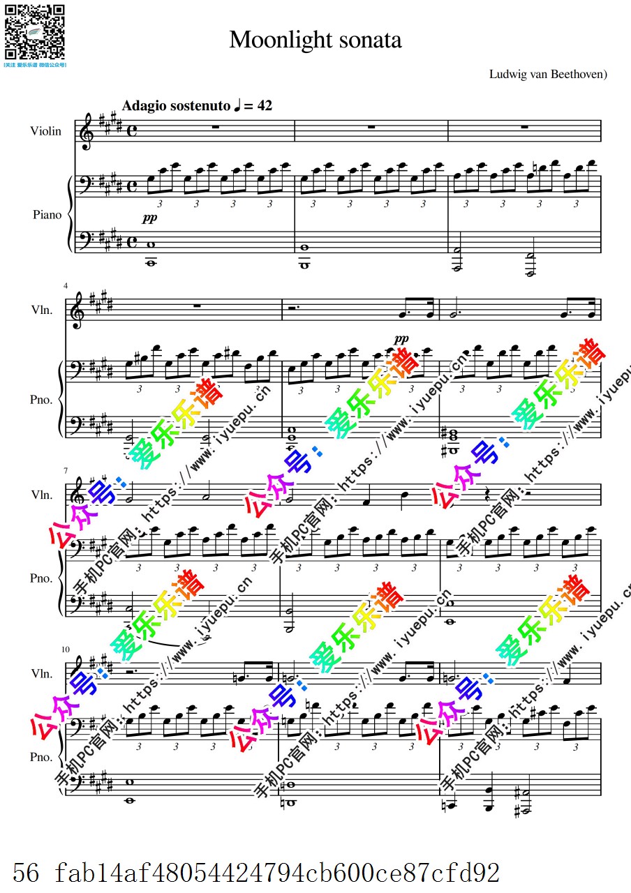 Beethovens Moonlight sonata 贝多芬月光奏鸣曲 Op.27 No.2 全三乐章 小提琴谱与钢琴伴奏谱 乐谱曲谱总谱分谱伴奏音乐在线预览试听下载