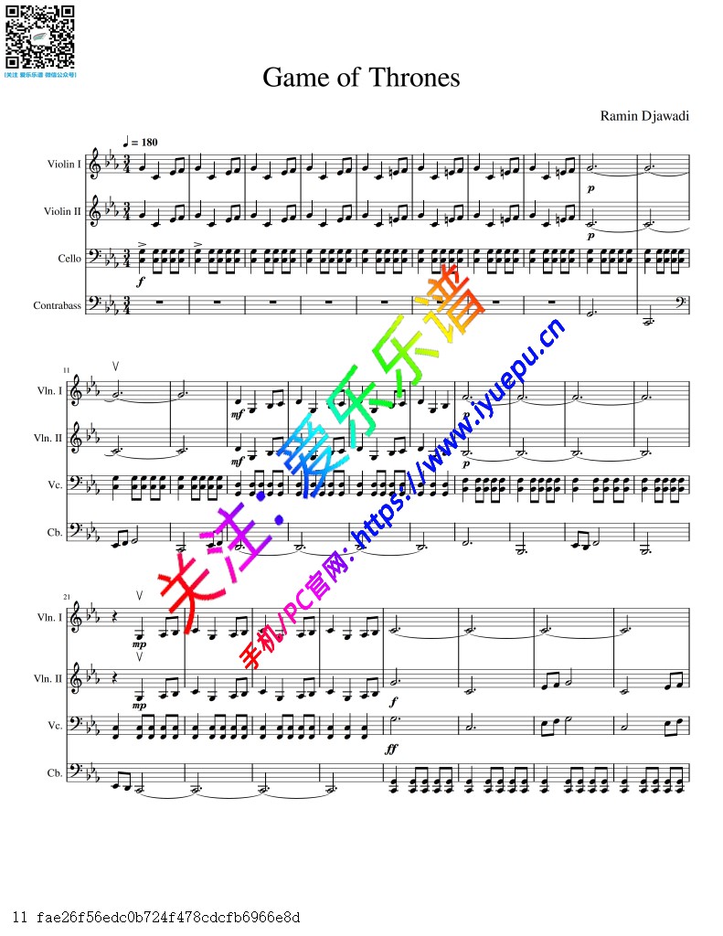 权力游戏 权利游戏主题曲 Game of Thrones 2小大低音提琴 弦乐四重奏总谱与分谱 乐谱曲谱总谱分谱伴奏音乐在线预览试听下载