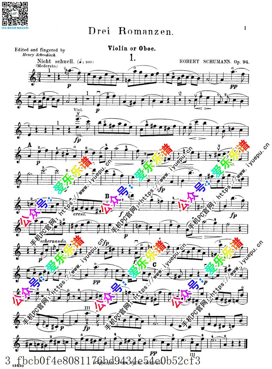 Schumann舒曼 三首浪漫曲 3Romanzen Op.94 小提琴(双簧管)谱 乐谱曲谱总谱分谱伴奏音乐在线预览试听下载