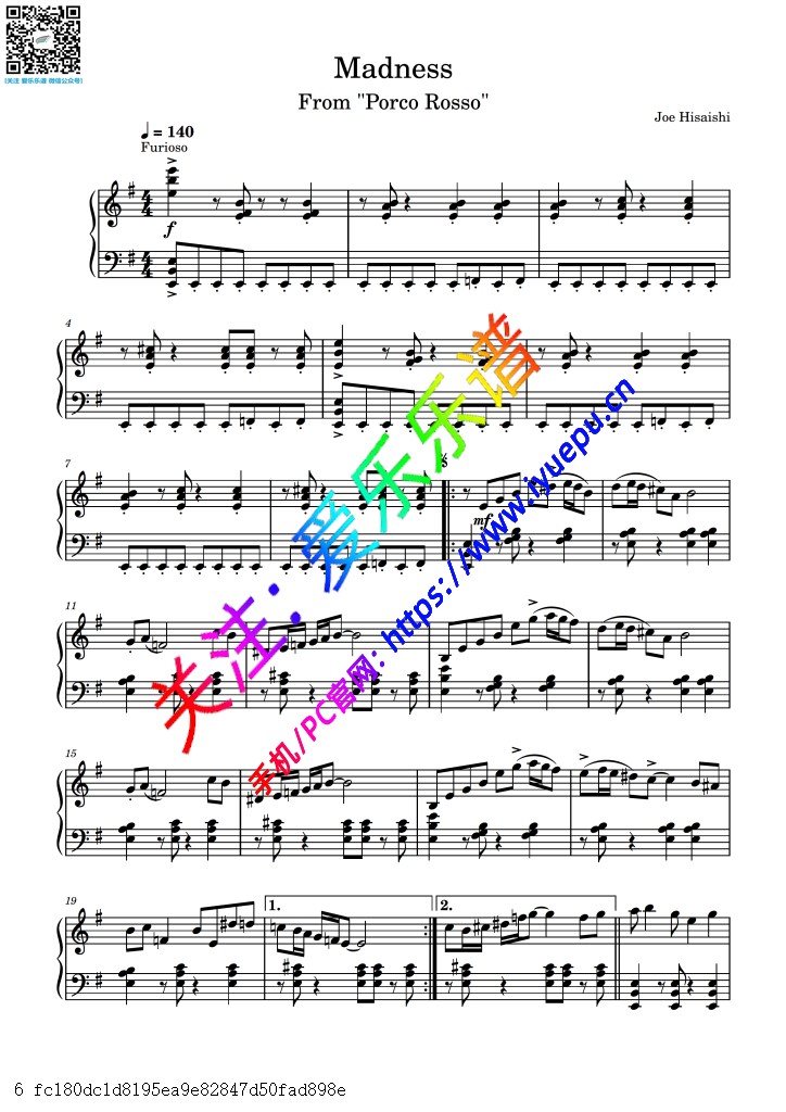 久石让 宫崎骏 红猪插曲 madness 疯狂 钢琴谱 乐谱曲谱总谱分谱伴奏音乐在线预览试听下载