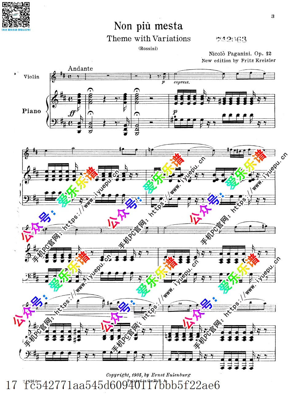 Paganini帕格尼尼 Variations on Non piu mesta Op.12 磨坊女主题变奏曲 我心惆怅 主题变奏 小提琴谱与钢琴伴奏谱 GS原版 乐谱曲谱总谱分谱伴奏音乐在线预览试听下载