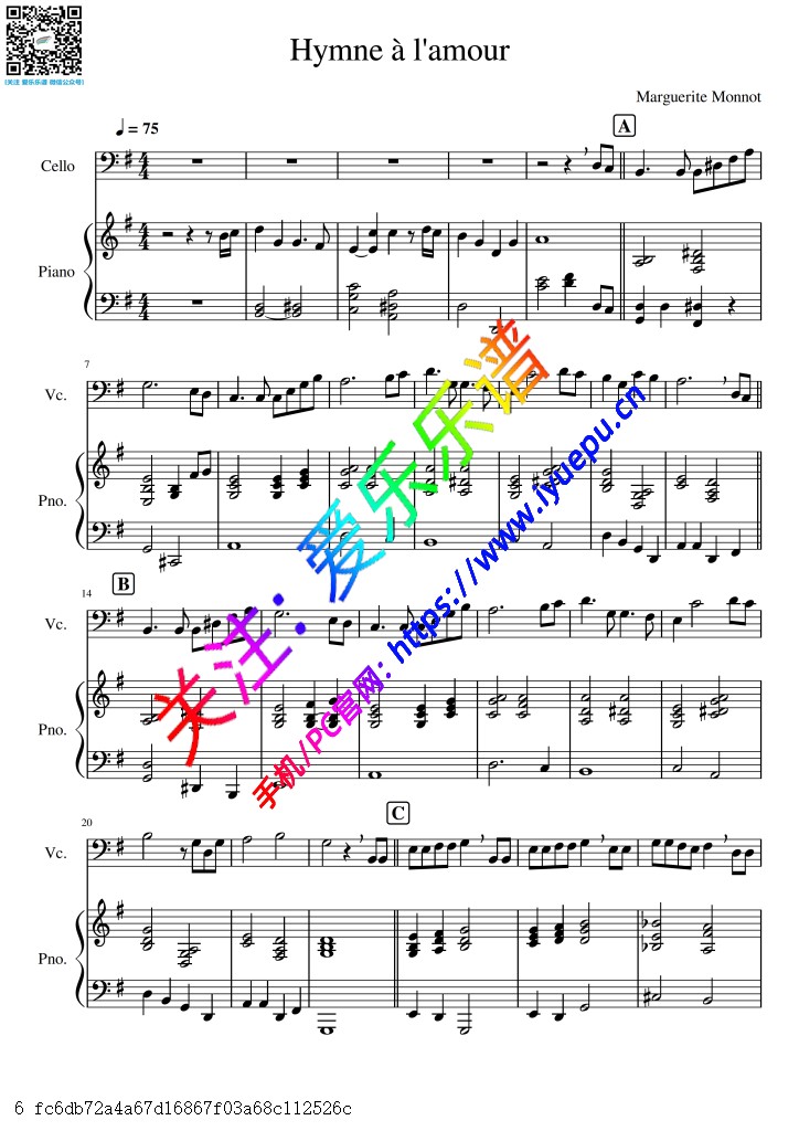 爱的赞歌 HYMNE a L'AMOUR 大提琴谱与钢琴伴奏谱 G 乐谱曲谱总谱分谱伴奏音乐在线预览试听下载