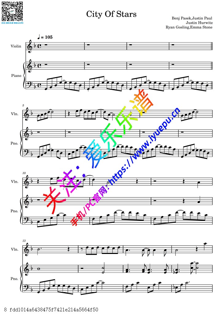 La la land 爱乐之城 City of stars 小提琴谱与钢琴伴奏谱 乐谱曲谱总谱分谱伴奏音乐在线预览试听下载