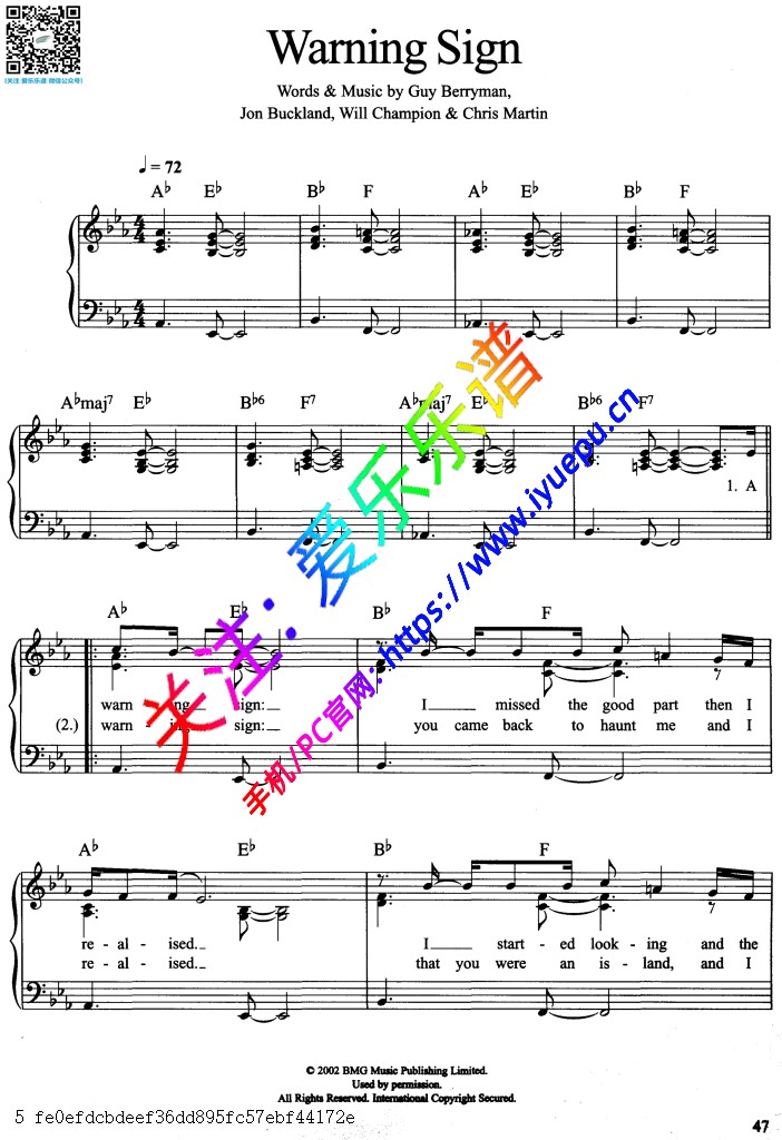 Coldplay-Guy Berryman-Warning sign 歌曲 钢琴弹唱谱 乐谱曲谱总谱分谱伴奏音乐在线预览试听下载