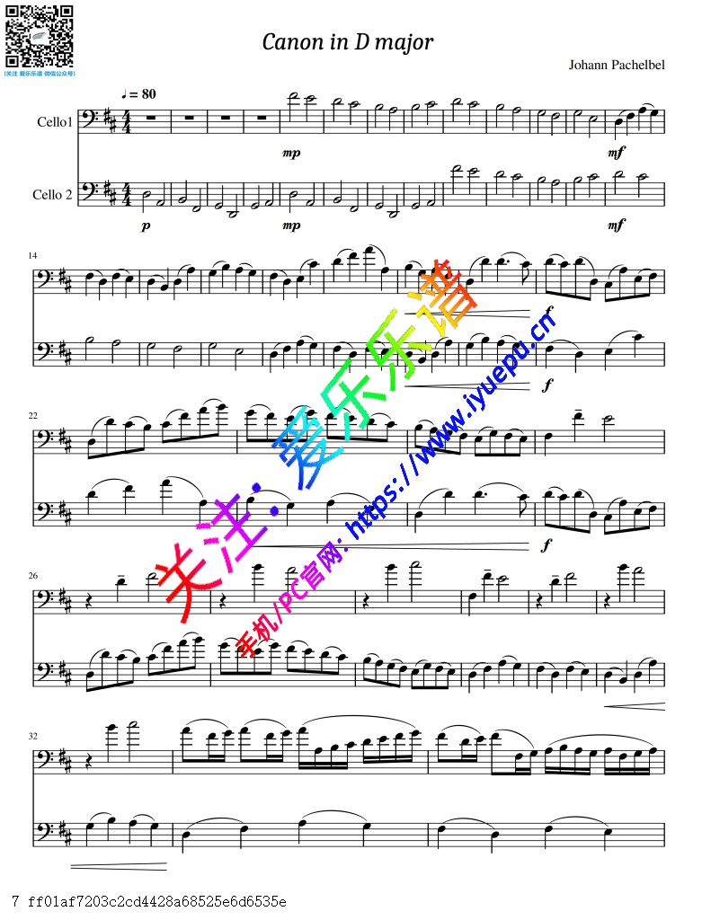 Pachelbel 卡农 Canon in D  双大提琴二重奏 总谱分谱 乐谱曲谱总谱分谱伴奏音乐在线预览试听下载
