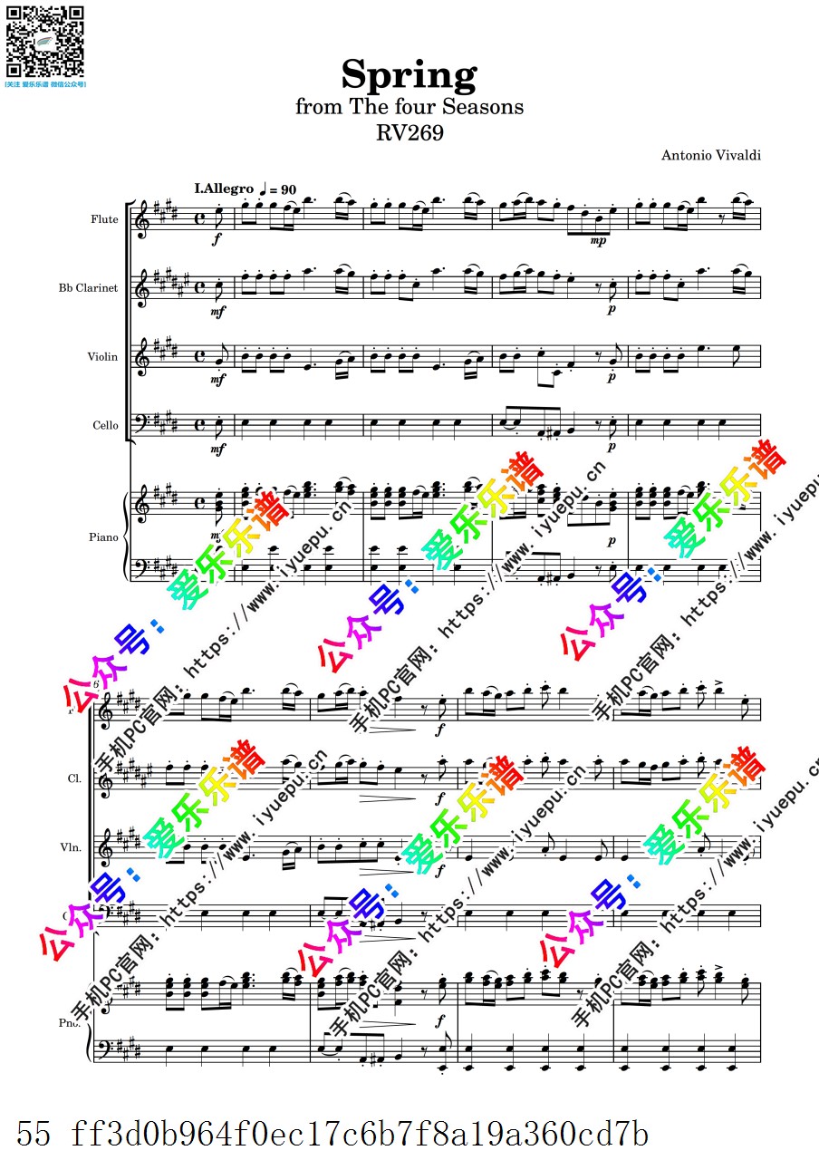 Vivaldi维瓦尔第 Spring RV269 四季 春 长笛单簧管小大提琴钢琴五重奏 总谱分谱 乐谱曲谱总谱分谱伴奏音乐在线预览试听下载