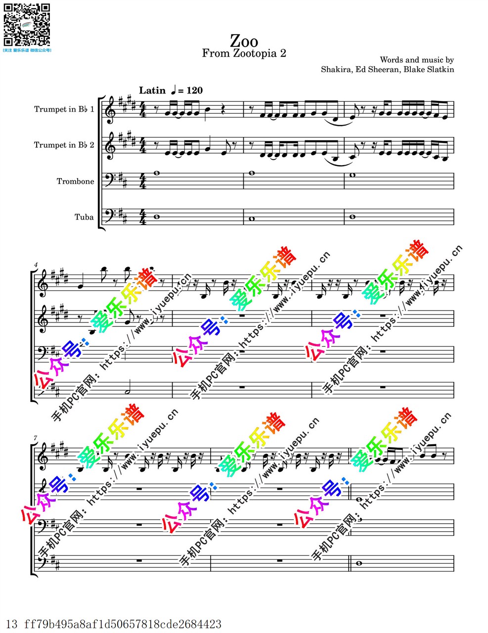 Shakira - Zoo from Zootopia 2 疯狂动物城2主题曲 动物乐园 2小号长号大号 铜管四重奏 总谱分谱 官版 乐谱曲谱总谱分谱伴奏音乐在线预览试听下载