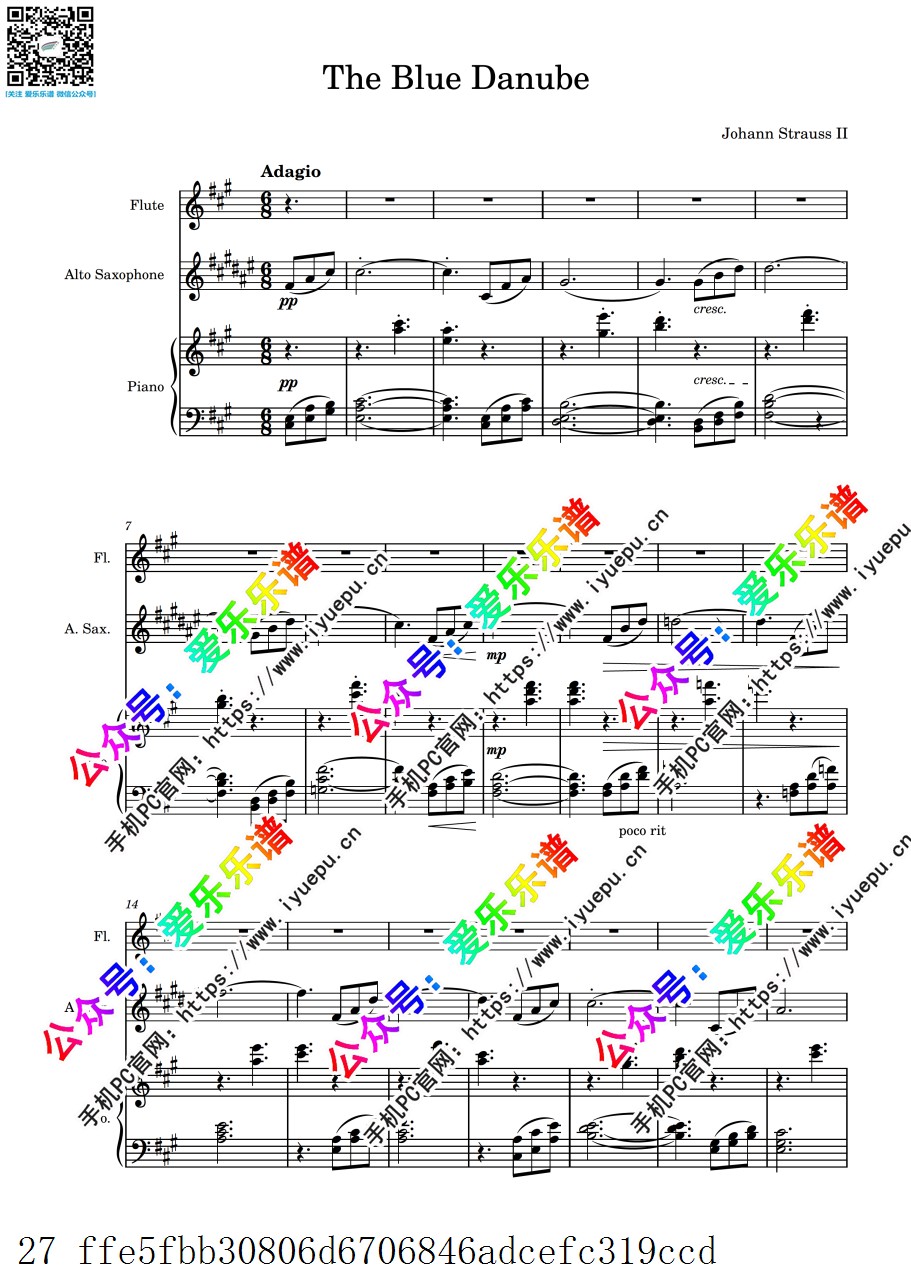 施特劳斯 蓝色多瑙河圆舞曲 Blue Danube waltz 长笛萨克斯钢琴三重奏 总谱分谱 乐谱曲谱总谱分谱伴奏音乐在线预览试听下载