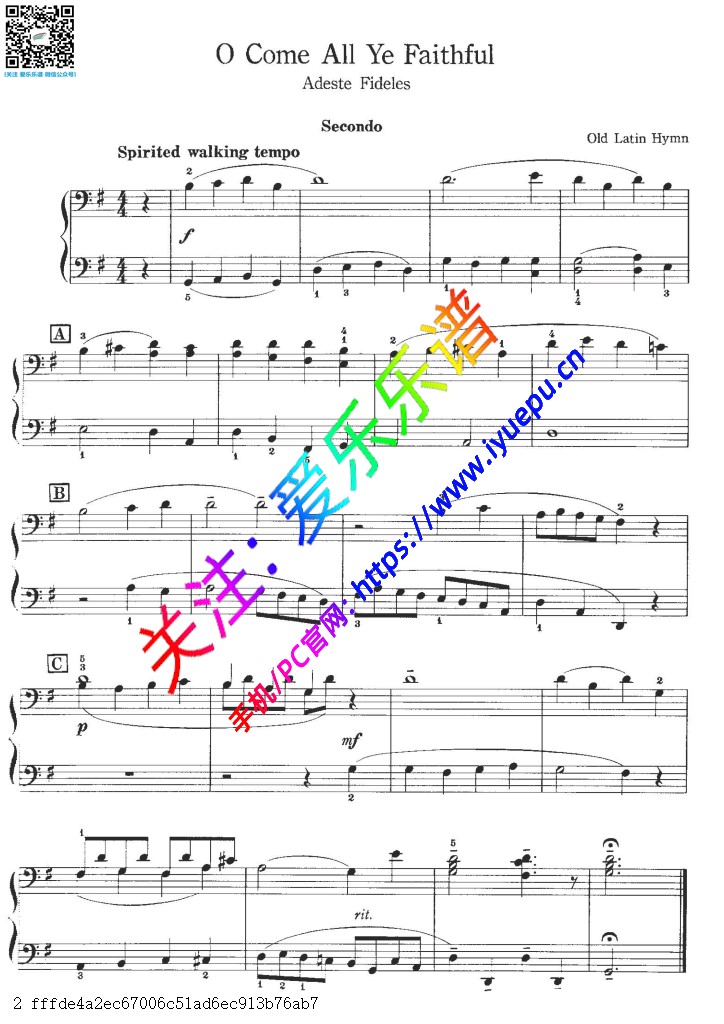 TO Come All Ye Faithful 钢琴四手联弹谱 钢琴二重奏谱 乐谱曲谱总谱分谱伴奏音乐在线预览试听下载