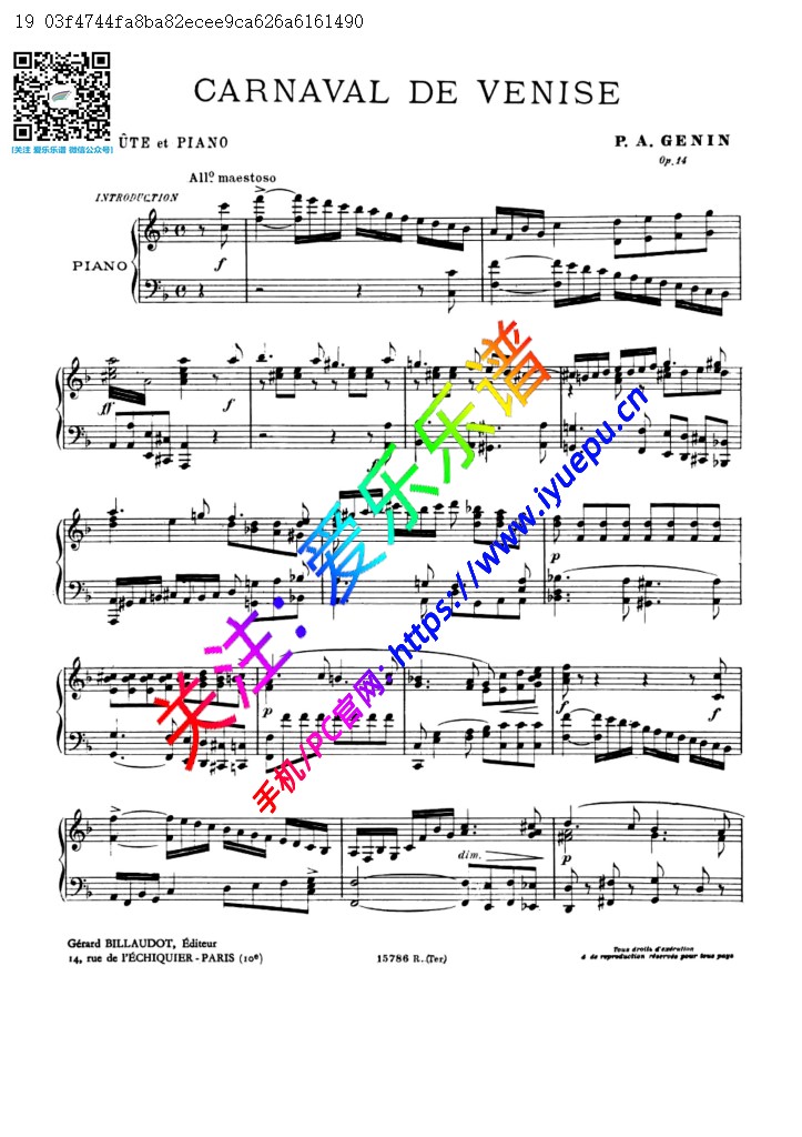杰南Genin 威尼斯狂欢节 Carnaval de Venise Op.14 长笛钢琴伴奏谱 1 乐谱曲谱总谱分谱伴奏音乐在线预览试听下载