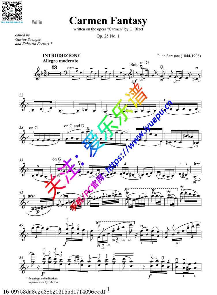 萨拉萨蒂 卡门主题幻想曲 Op.25 No.1 小提琴谱2 乐谱曲谱总谱分谱伴奏音乐在线预览试听下载
