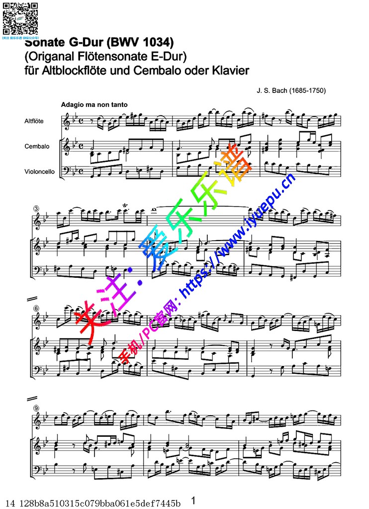 巴赫E小调长笛奏鸣曲 BWV1034 长笛钢伴谱全V2 乐谱曲谱总谱分谱伴奏音乐在线预览试听下载