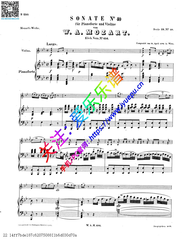 莫扎特降B大调奏鸣曲 K.454 小提琴钢琴伴奏谱 BH 乐谱曲谱总谱分谱伴奏音乐在线预览试听下载