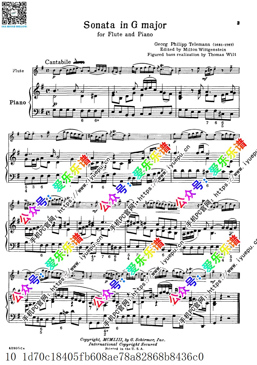 Telemann泰勒曼G大调长笛奏鸣曲 TWV41 G9 钢伴谱 乐谱曲谱总谱分谱伴奏音乐在线预览试听下载