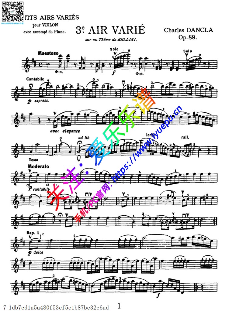 Dancla丹克拉 第三变奏曲 贝利尼主题与变奏曲 Op.89 No.3 小提琴谱与钢琴伴奏谱 乐谱曲谱总谱分谱伴奏音乐在线预览试听下载