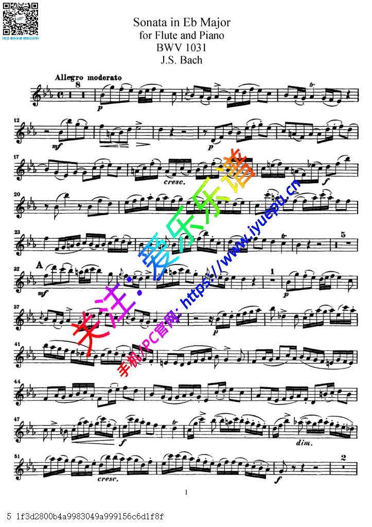 Bach巴赫 bE降E大调长笛奏鸣曲BWV 1031 长笛谱V3 全乐章 乐谱曲谱总谱分谱伴奏音乐在线预览试听下载