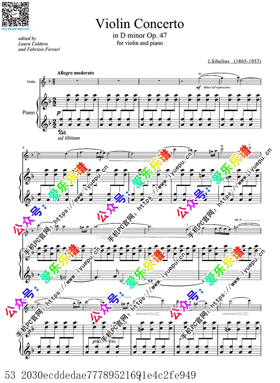 西贝柳斯D小调小提琴协奏曲 钢琴伴奏谱V2 乐谱曲谱总谱分谱伴奏音乐在线预览试听下载