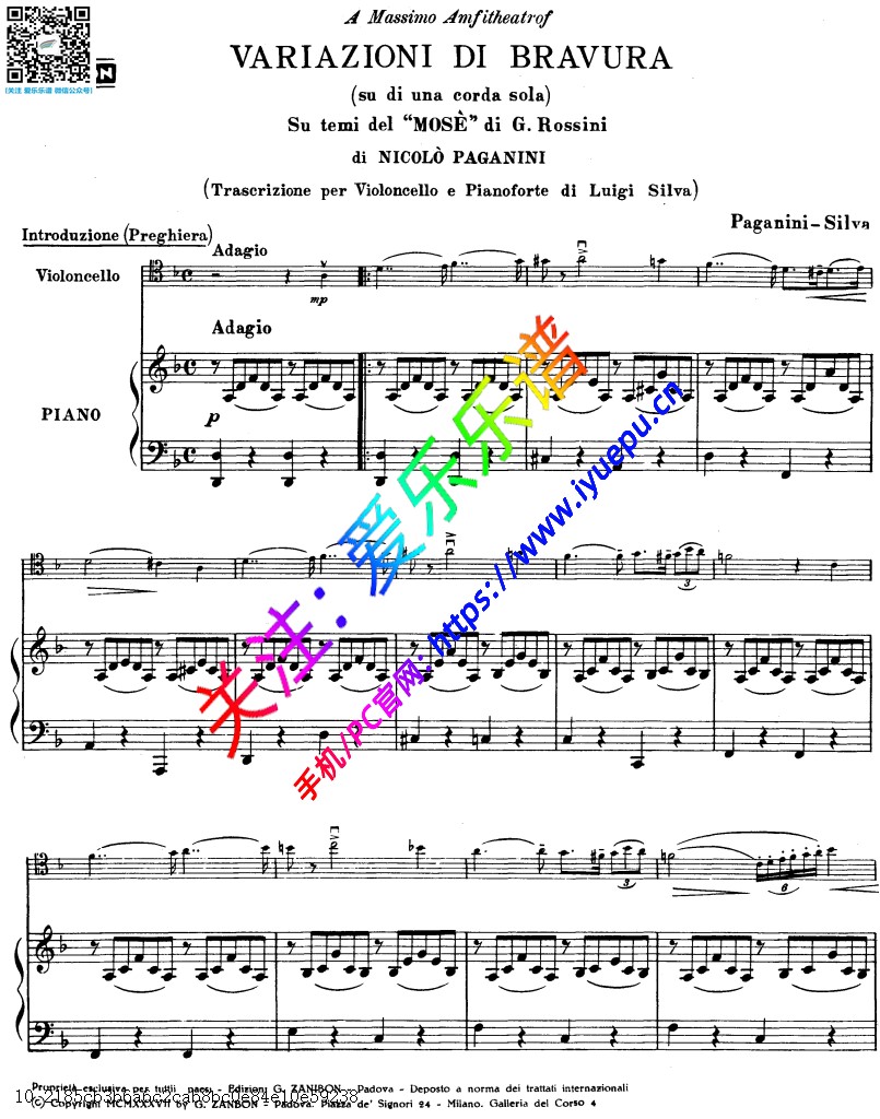 帕格尼尼 Mose fantasia 摩西主题变奏曲 大提琴谱与钢琴伴奏谱V2 乐谱曲谱总谱分谱伴奏音乐在线预览试听下载