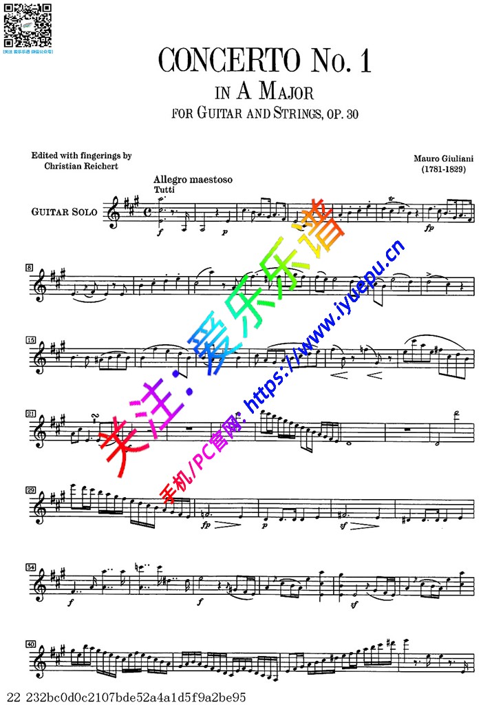 Mauro Giuliani朱尼亚尼 第一吉他协奏曲 Op.30 Ⅰ Allegro 古典吉他谱 乐谱曲谱总谱分谱伴奏音乐在线预览试听下载