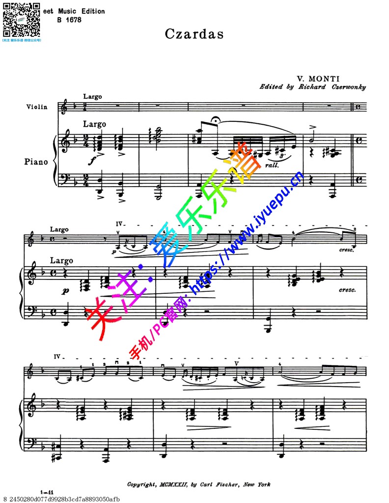 Monti Czardas 查尔达斯 查尔达什舞曲 蒙蒂 小提琴钢琴伴奏谱 乐谱曲谱总谱分谱伴奏音乐在线预览试听下载