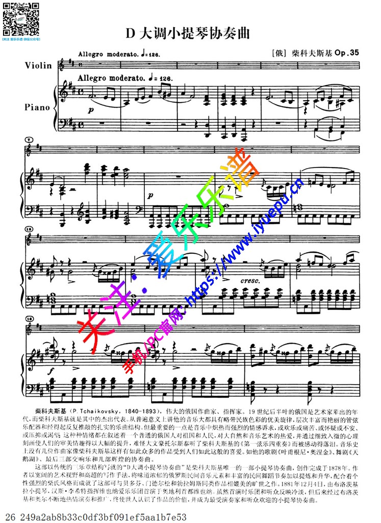 柴科夫斯基D大调小提琴协奏曲 Ⅰ. Allegro moderato 小提琴钢伴谱 乐谱曲谱总谱分谱伴奏音乐在线预览试听下载