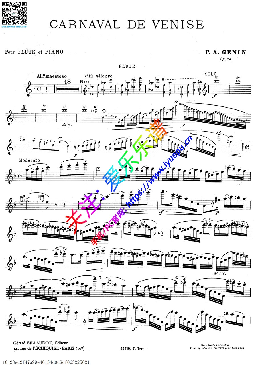 杰南Genin 威尼斯狂欢节 Carnaval de Venise Op.14 长笛谱V2 乐谱曲谱总谱分谱伴奏音乐在线预览试听下载