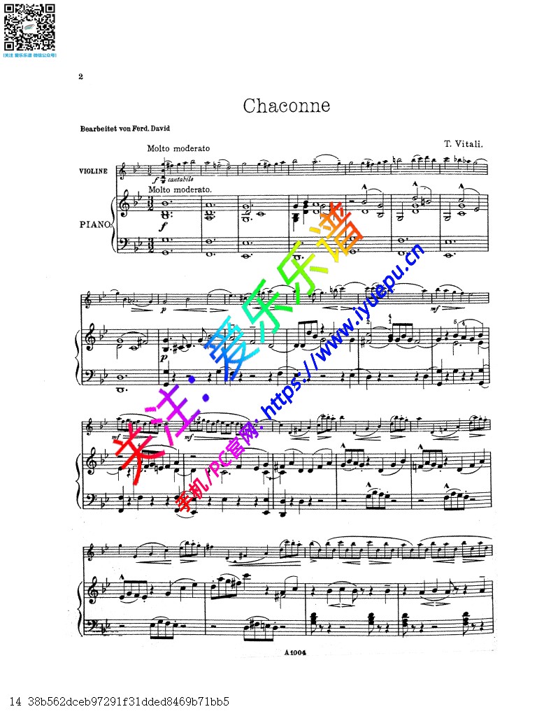 Vitali 维塔利 G小调恰空舞曲  Chaconne 小提琴钢琴伴奏谱 David 乐谱曲谱总谱分谱伴奏音乐在线预览试听下载