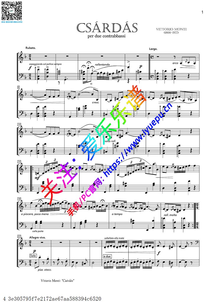 查尔达什舞曲 蒙蒂 小提琴低音提琴二重奏谱 乐谱曲谱总谱分谱伴奏音乐在线预览试听下载