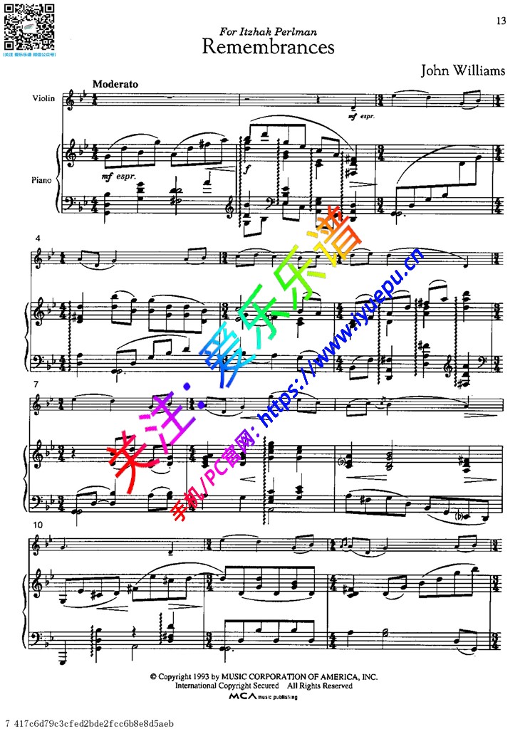 Williams 辛德勒的名单 插曲 Remembrances 回忆 小提琴钢琴伴奏谱 乐谱曲谱总谱分谱伴奏音乐在线预览试听下载