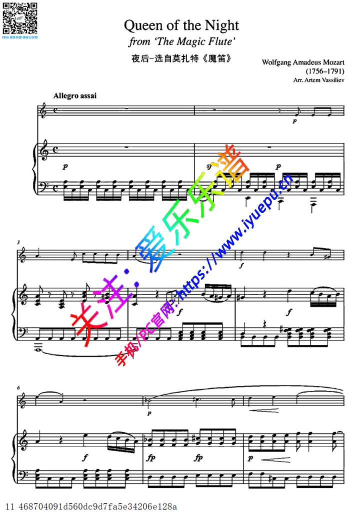 夜后(选自《魔笛》) 长笛钢伴谱 乐谱曲谱总谱分谱伴奏音乐在线预览试听下载