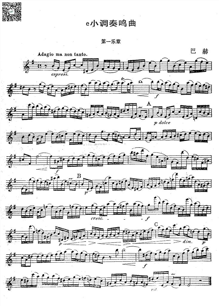 巴赫E小调长笛奏鸣曲 第一乐章长笛谱 乐谱曲谱总谱分谱伴奏音乐在线预览试听下载