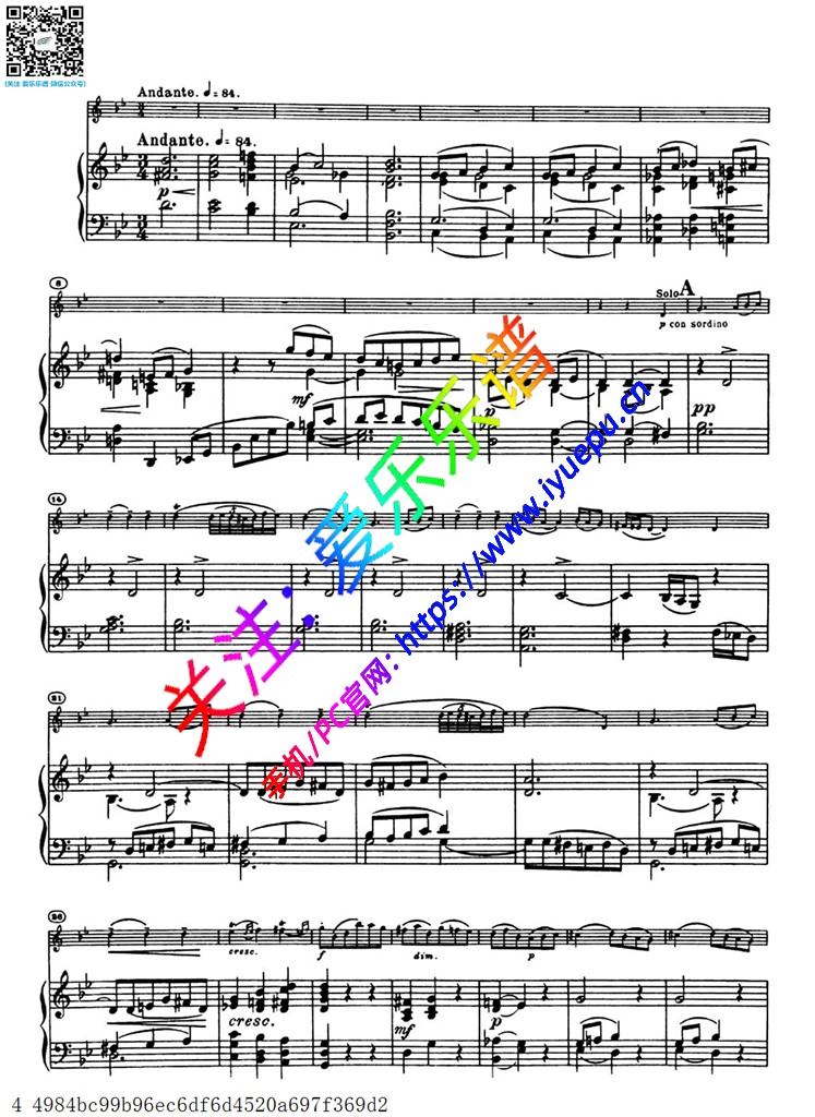 柴科夫斯基D大调小提琴协奏曲 Ⅱ. Canzonetta Andante小提琴钢伴谱 乐谱曲谱总谱分谱伴奏音乐在线预览试听下载