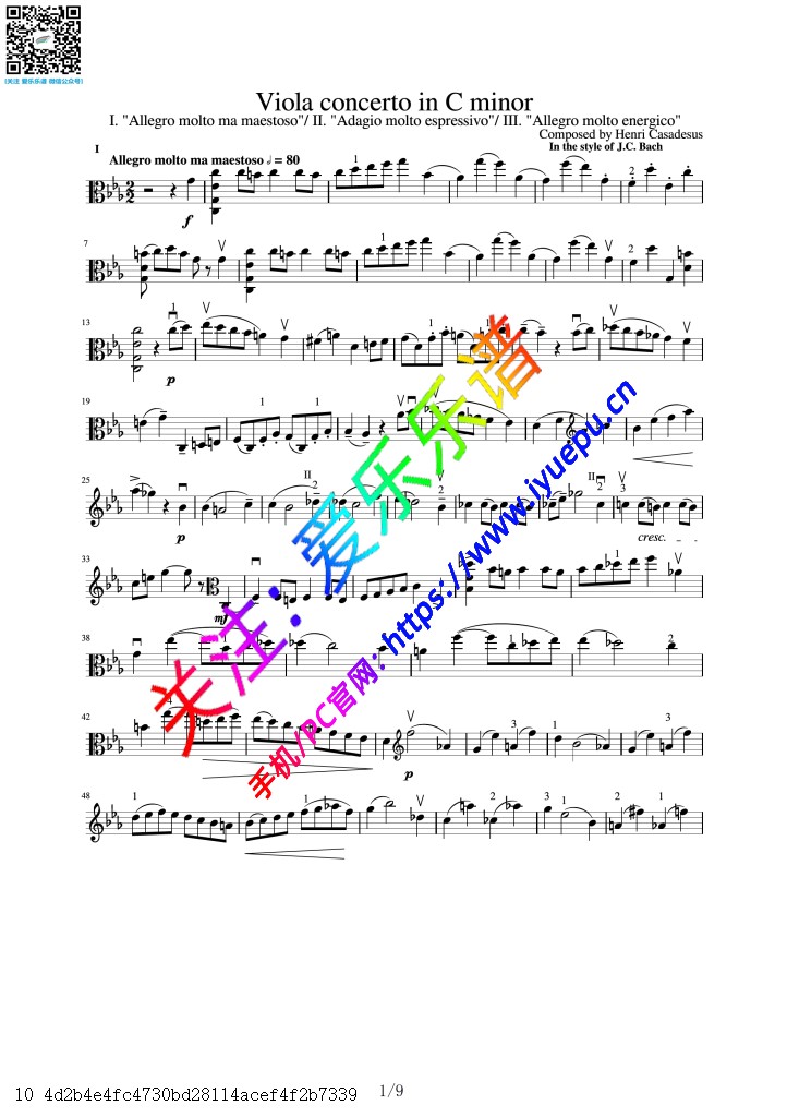 J.C.Bach巴赫 Concerto in C minor C小调中提琴协奏曲 中提琴谱v2 高清谱 乐谱曲谱总谱分谱伴奏音乐在线预览试听下载