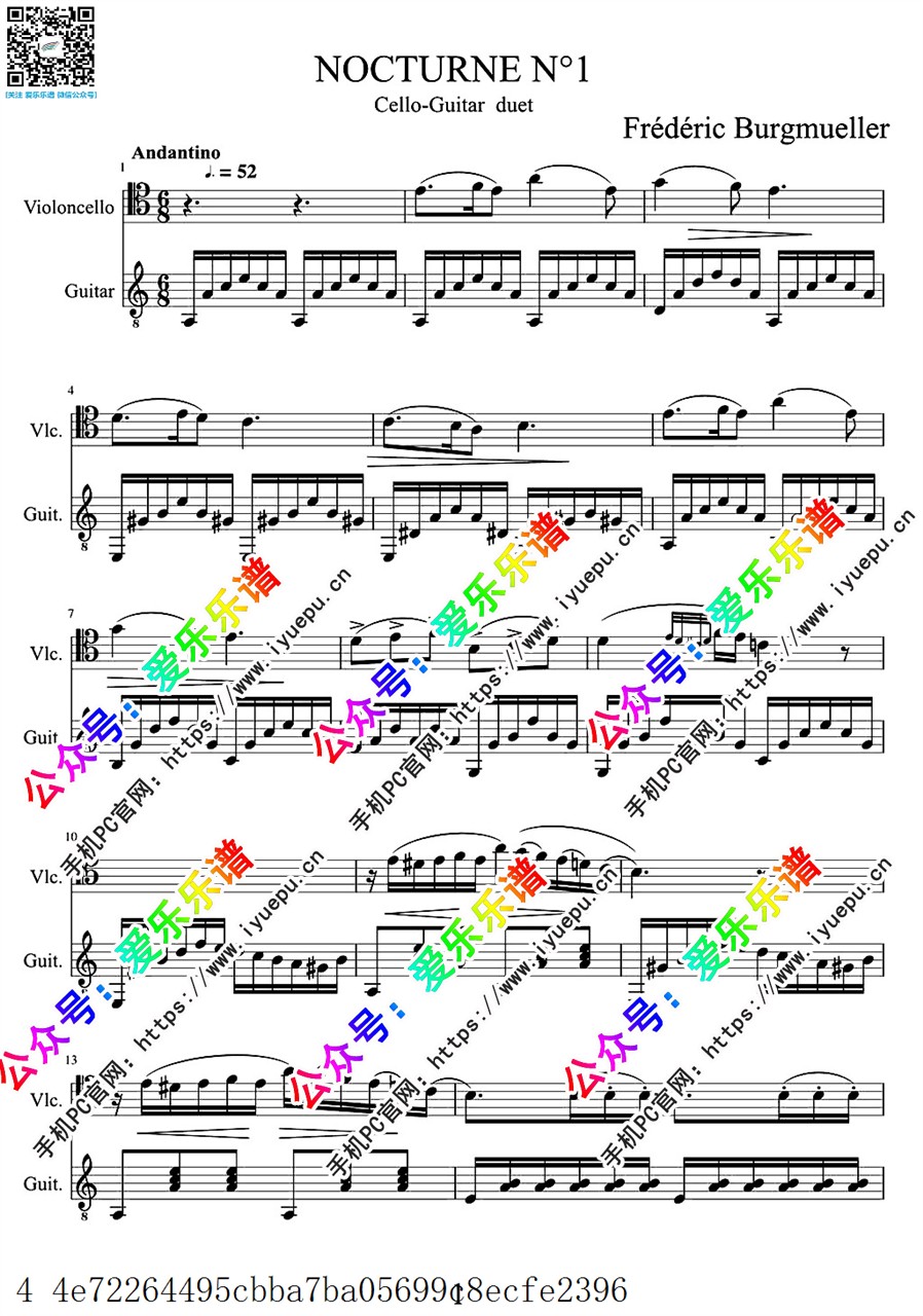 布格缪勒 夜曲 NO.1 大提琴吉他谱 乐谱曲谱总谱分谱伴奏音乐在线预览试听下载