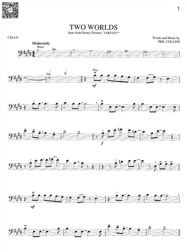 迪士尼 泰山 两个世界 Disney two worlds 大提琴谱 乐谱曲谱总谱分谱伴奏音乐在线预览试听下载