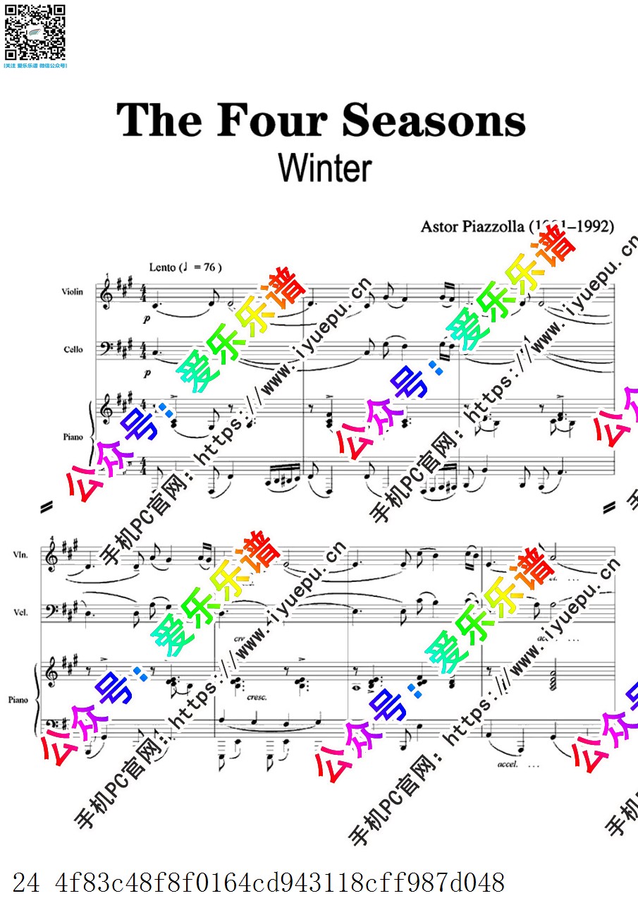 Astor Piazzolla 皮亚佐拉 The Four Seasons - Winter 四季-冬 小提琴大提琴钢琴三重奏 总谱与分谱 乐谱曲谱总谱分谱伴奏音乐在线预览试听下载