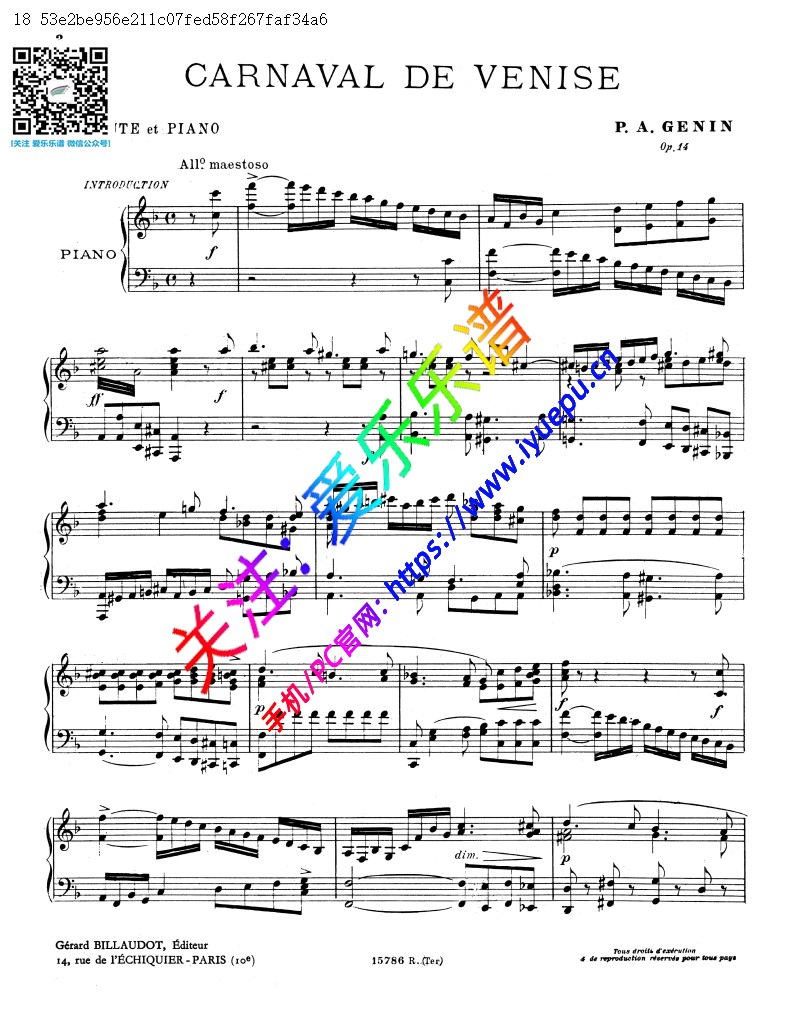 杰南Genin 威尼斯狂欢节 Carnaval de Venise Op.14 长笛钢琴伴奏谱 乐谱曲谱总谱分谱伴奏音乐在线预览试听下载