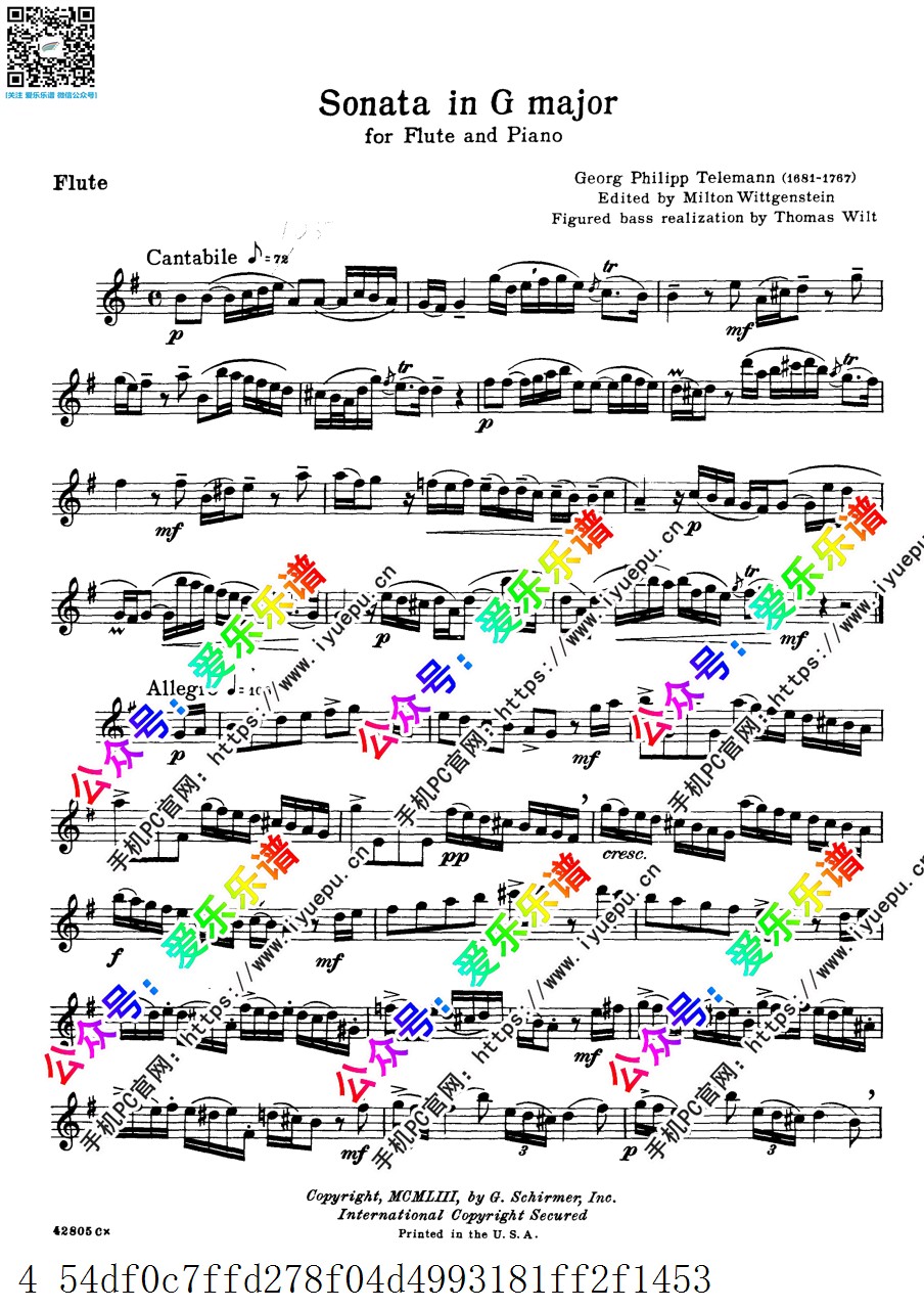 Telemann 泰勒曼G大调长笛奏鸣曲TWV41 G9 长笛谱 乐谱曲谱总谱分谱伴奏音乐在线预览试听下载